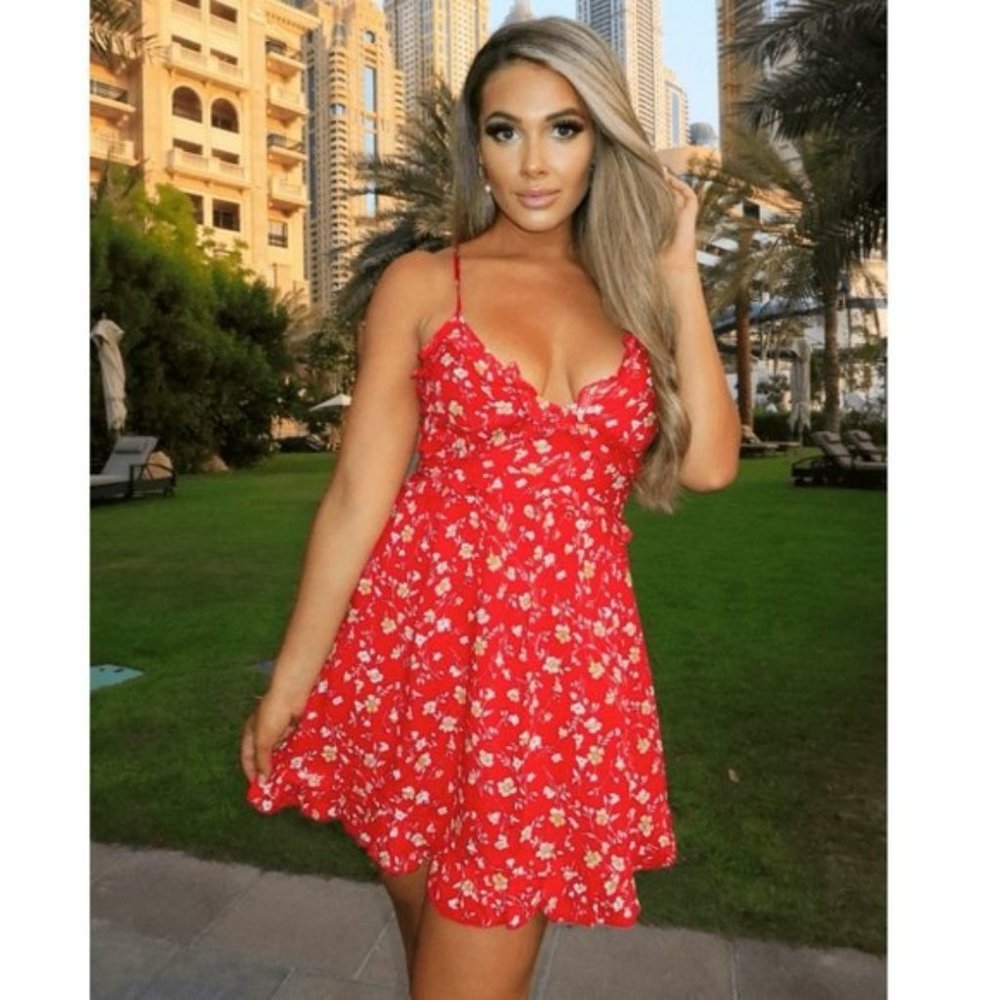 Red Floral Print Sleeveless V-Neck Ruffle Detail Fit & Flare Mini Dress